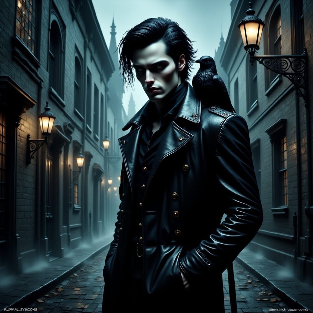 Darkly Brooding Figure and Crow in Rainy Gothic Street Scene