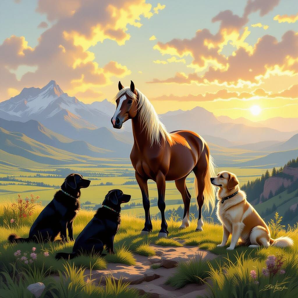 Majestic Arabian Mare with Dogs on Bluff at Golden Hour