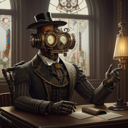 Steampunk Gentleman Robot Sips Tea in Elegant Victorian Stud...