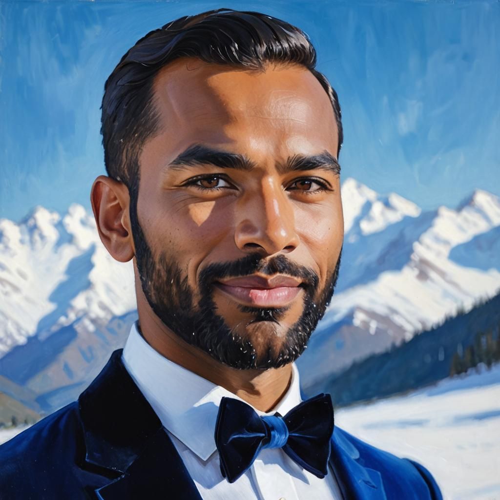 Velvet Suit Portrait with Mountain View in Impressionist Sty...