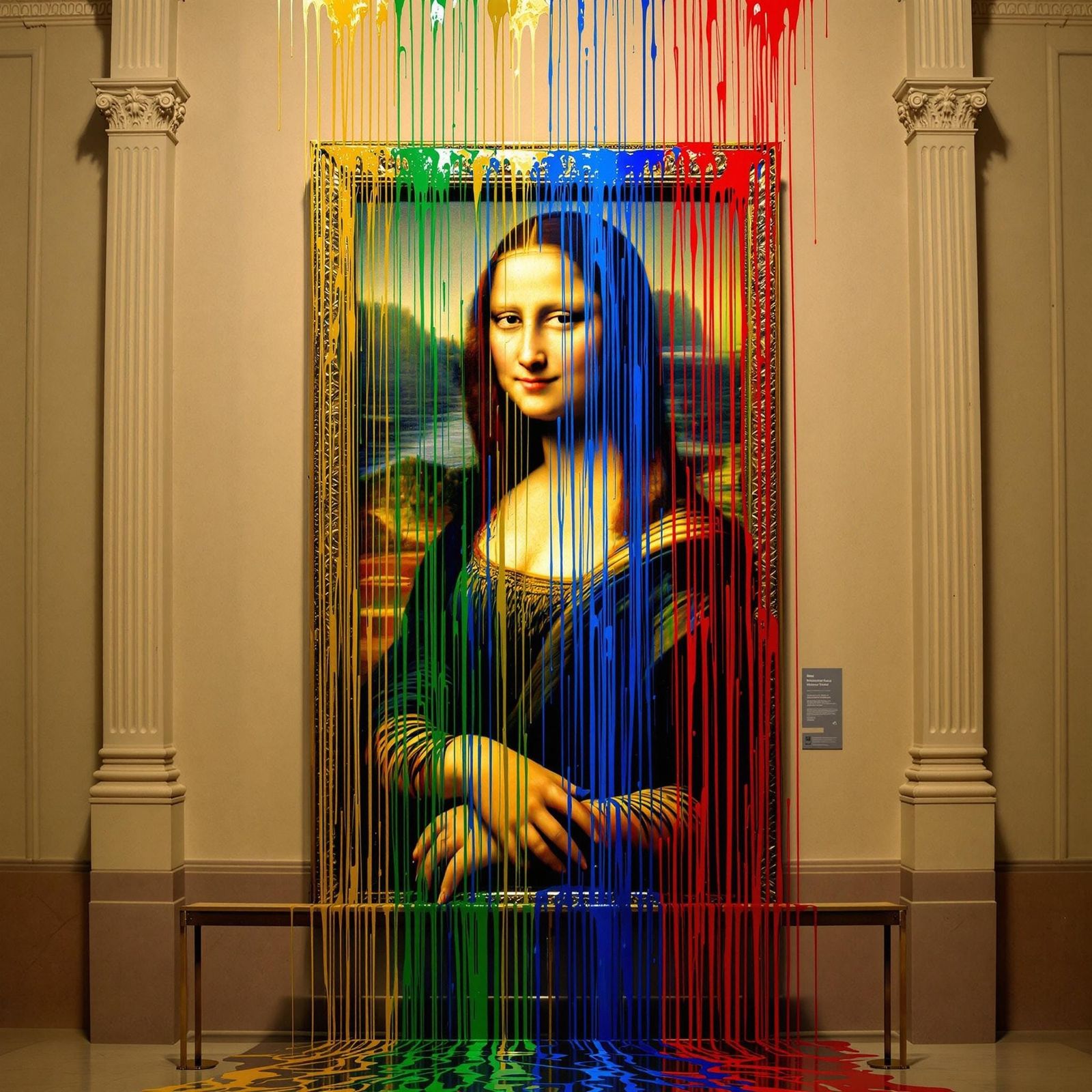 Enigmatic Smile in Vibrant Paint Drips, Louvre Gallery