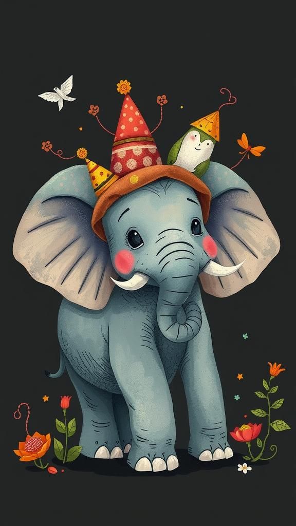 Whimsical Elephant Illustration in Fantasy Style