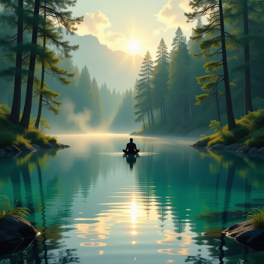 Serene Forest Lake with Meditating Figure in Golden Light