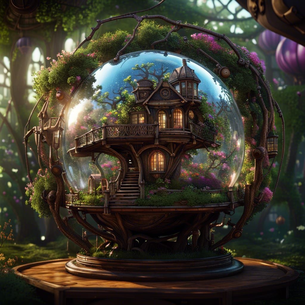 Steampunk Glass Sphere with Fairytale Treehouse