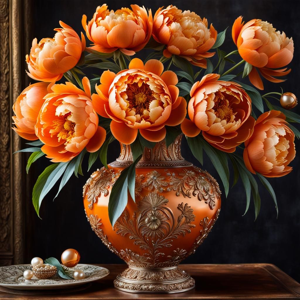 Ornate Orange Peonies in Glass Vase