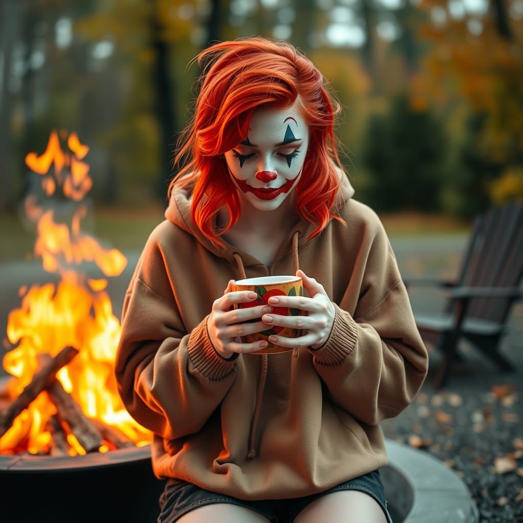 Clown Girl Enjoys Pumpkin Spice Latte by Fire Pit