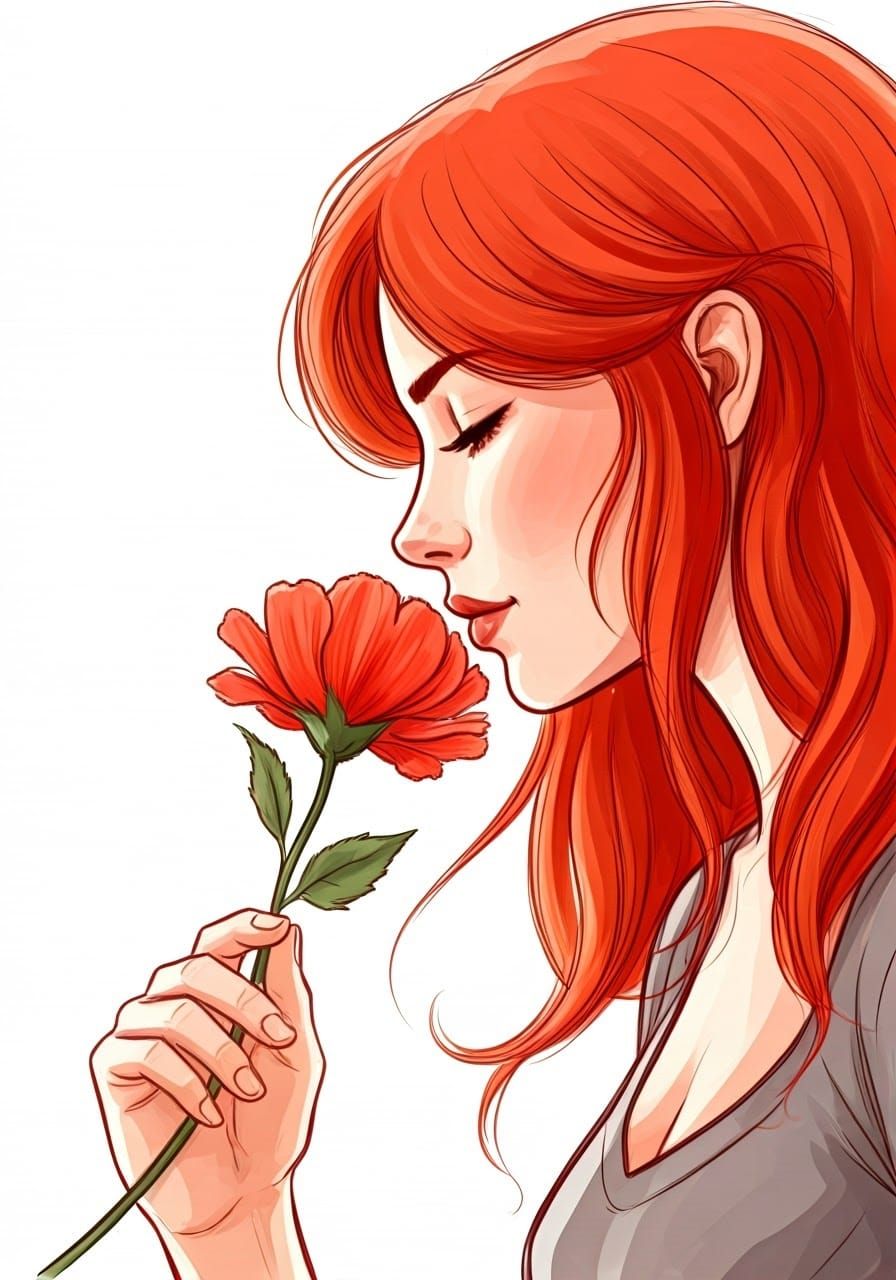 Woman Smells Red Flower in a Surreal Setting