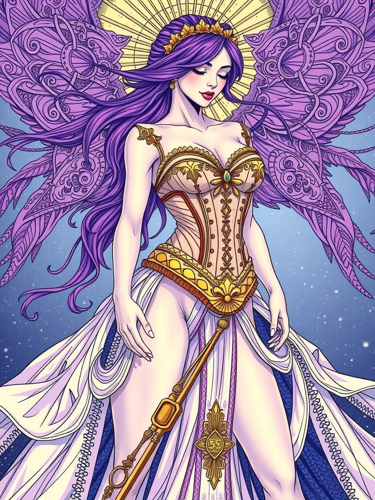 Goddess in Purple Ink Linework Gown