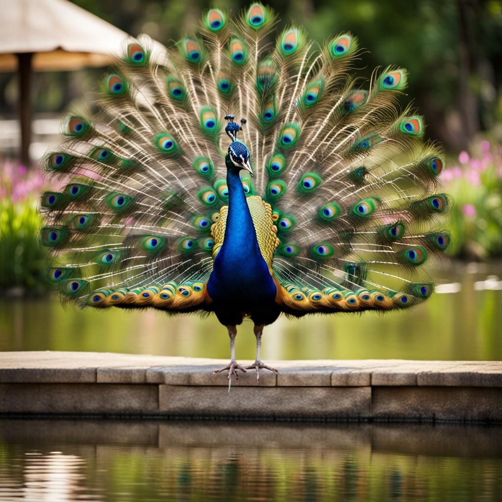 Peacock Displaying Feathers by Pond: Professional Photograph...