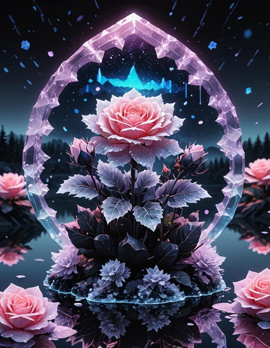 Holographic Crystal Geode Reflecting in Misty Lake