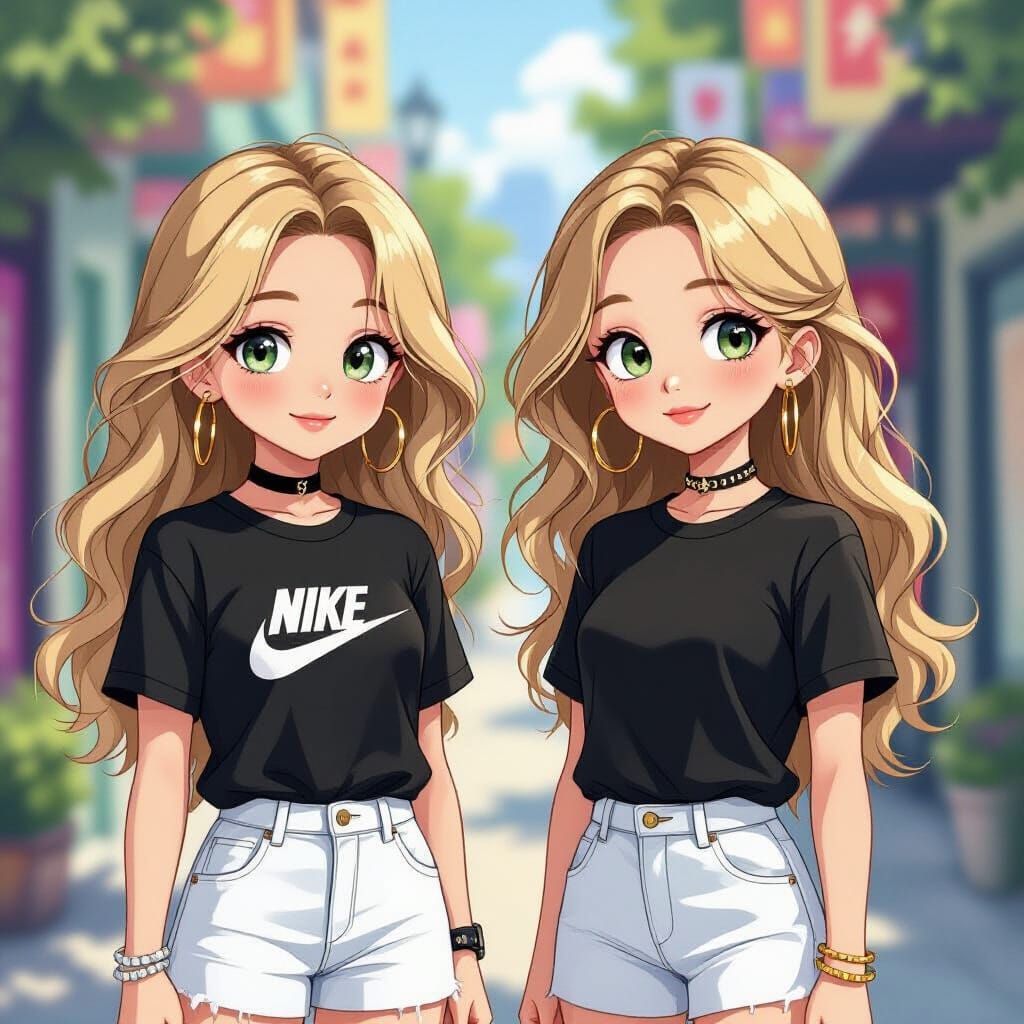 Twin Girls in Playful Anime Style