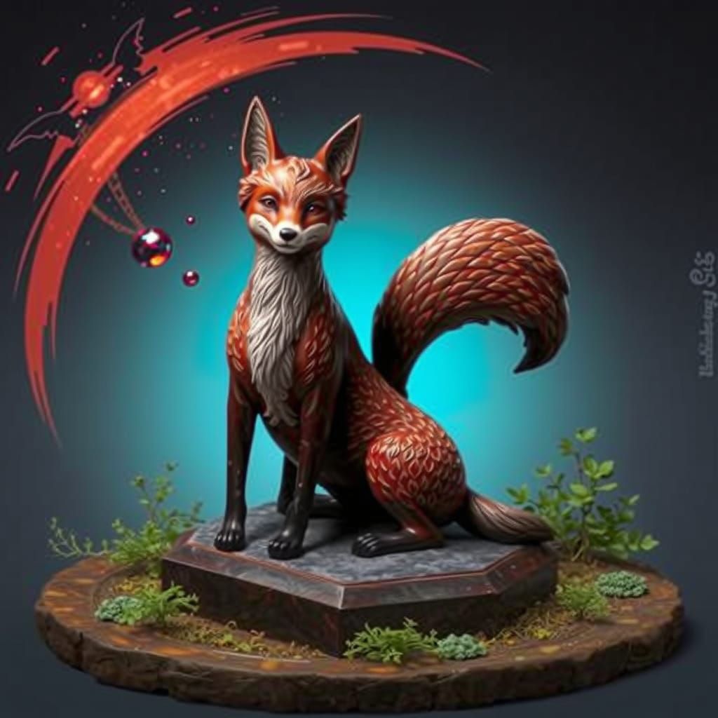 A beautiful fox statue made of gleaming bloodstone.
