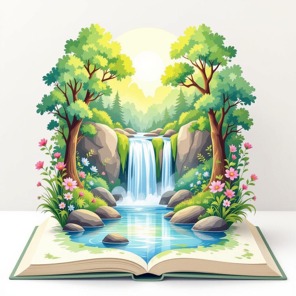 Waterfall Pop-Up Book Illustration in Watercolor Style