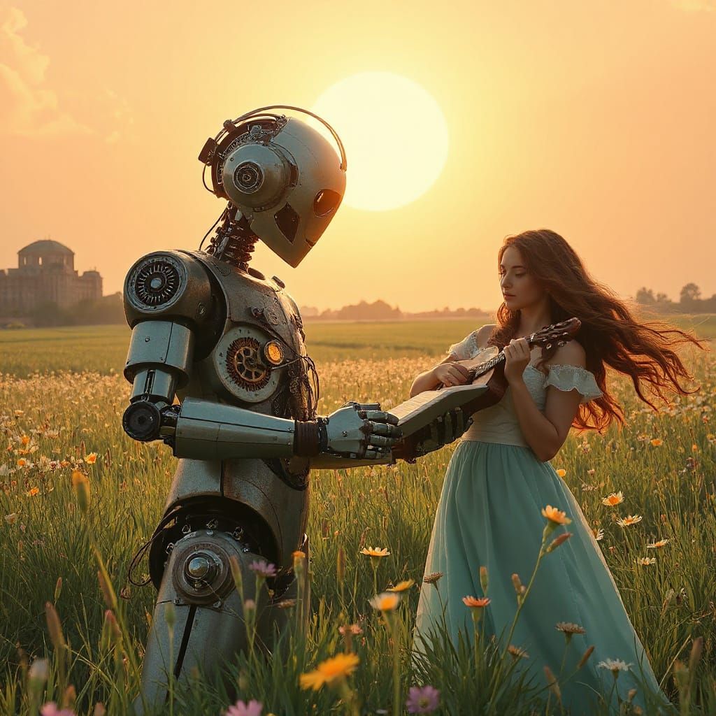 Robot Bard Composing Ballad in Sun-Drenched Meadow