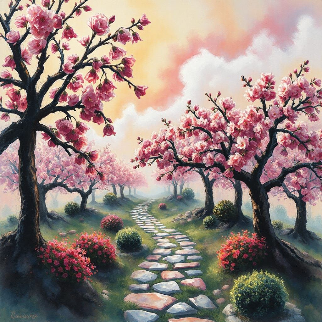 Surreal Cherry Blossom Garden Awakens in Vibrant Morning Lig...