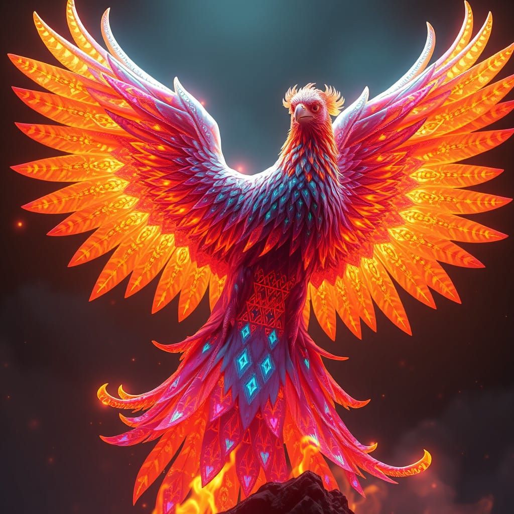Majestic Phoenix Rises from Shadows in Vibrant Iridescent Au...