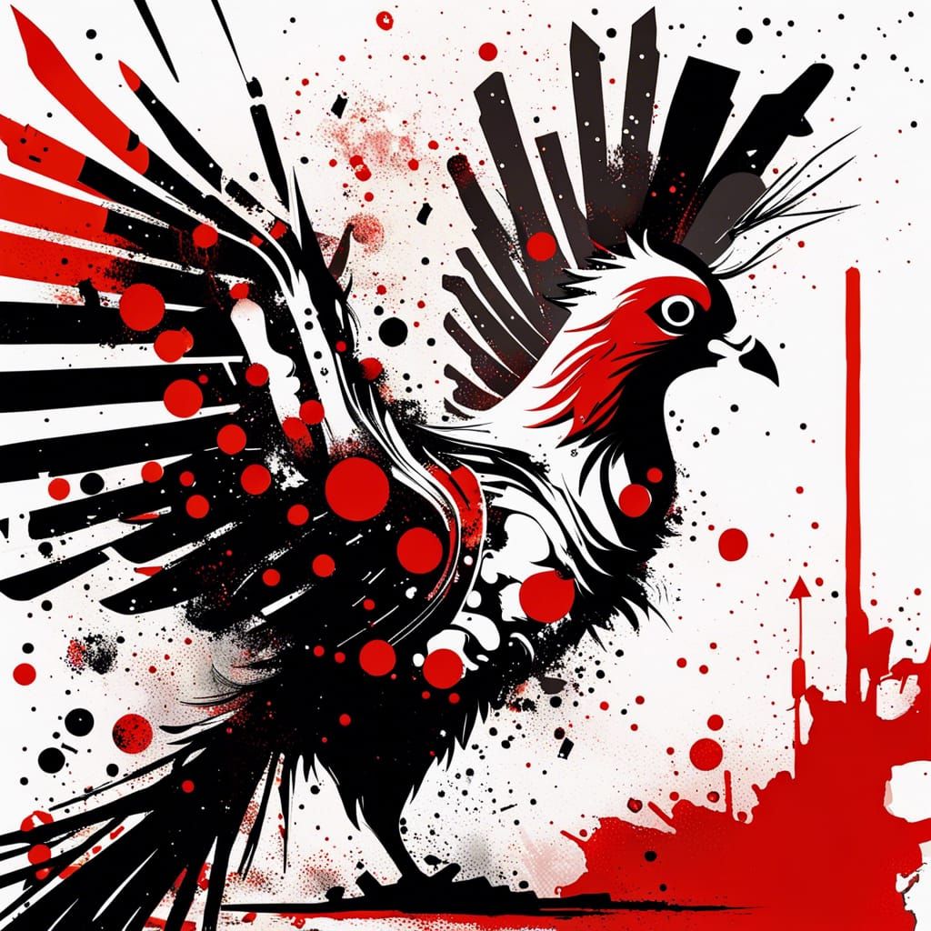 Abstract Phoenix in Dystopian Trash Polka Style