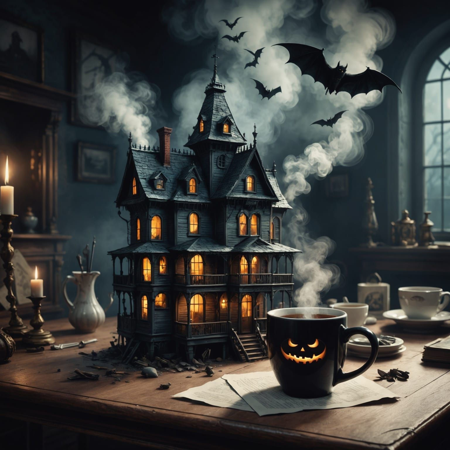 Haunted House in a Mug with Bats
