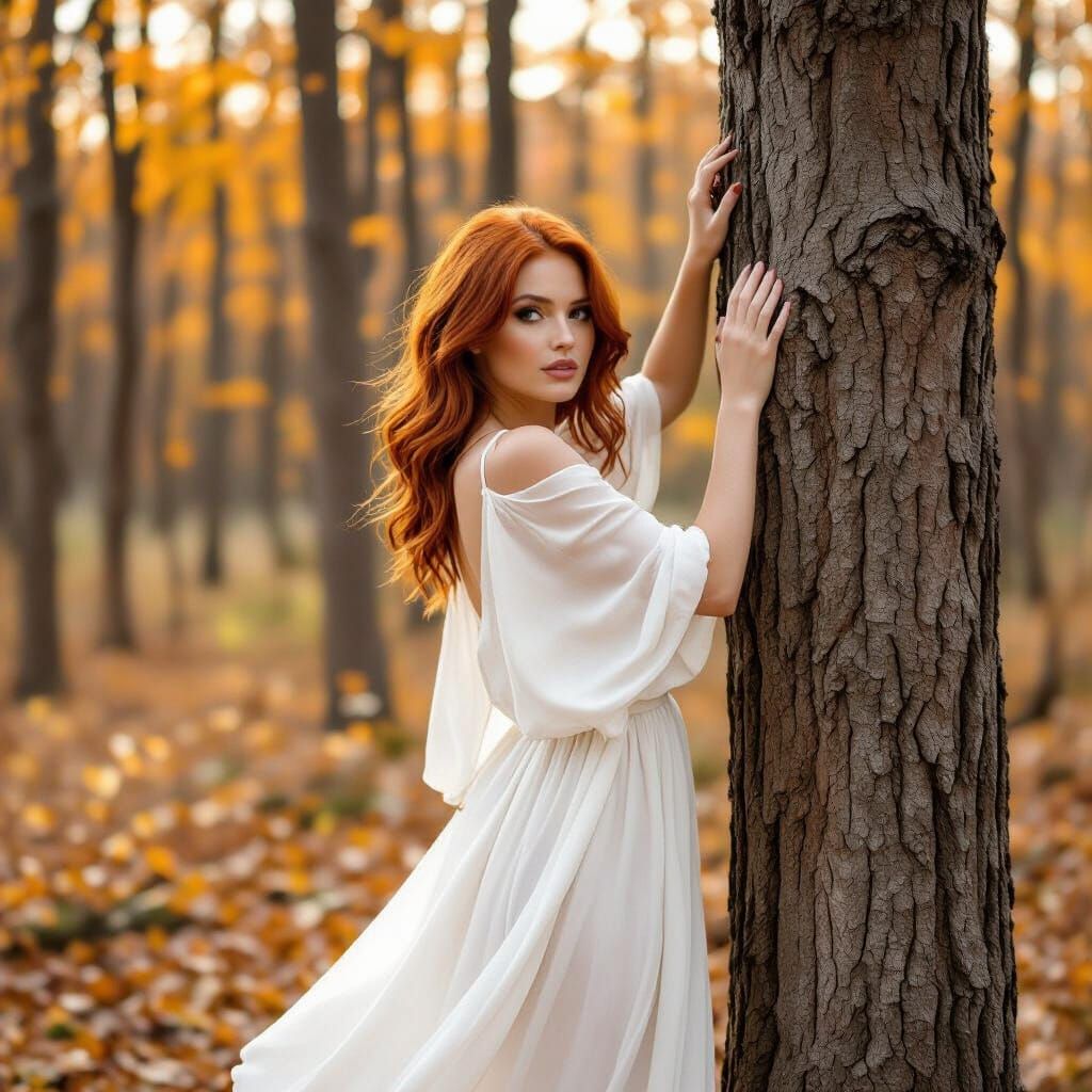 Pensive Redhead in Autumn Woods