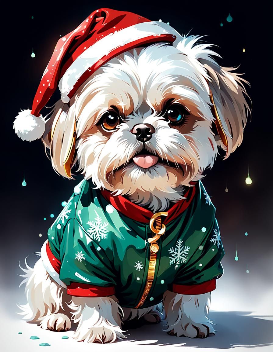 Cute Shih Tzu in Festive Christmas Outfit - Digital Art