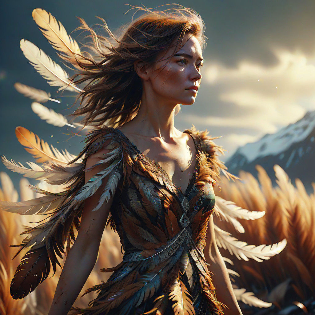 Surreal Woman Enveloped by Drifting Feathers