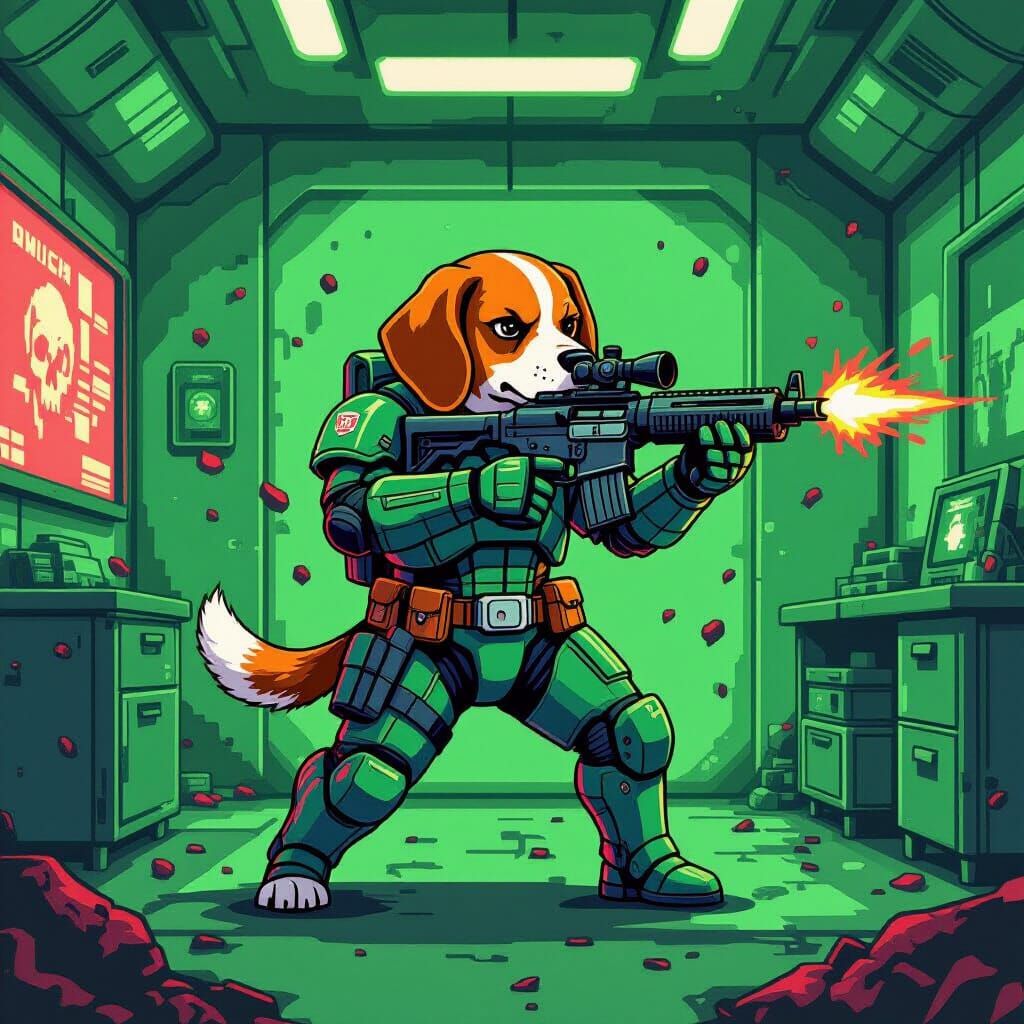 Beagle Warrior Fighting Demons in Pixel Art Style