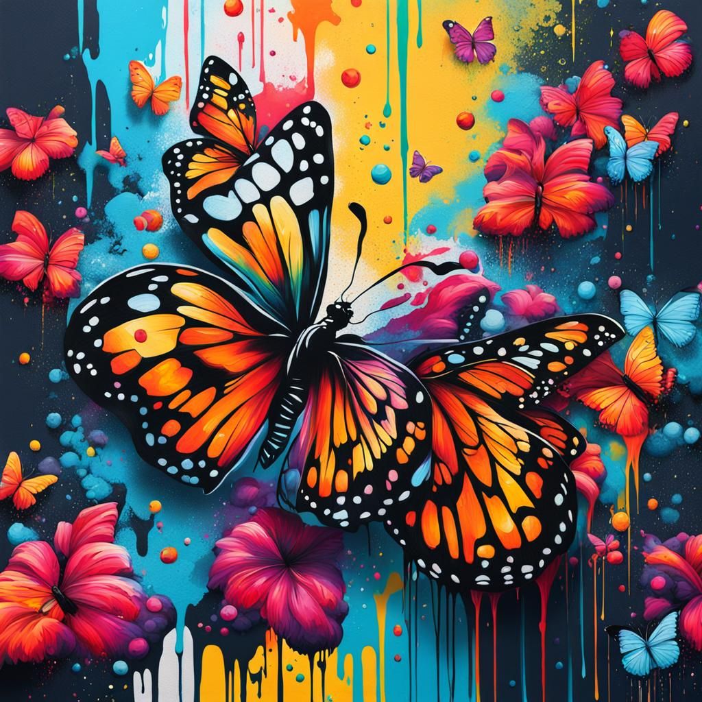 Tropical Butterflies in Colorful Graffiti Art