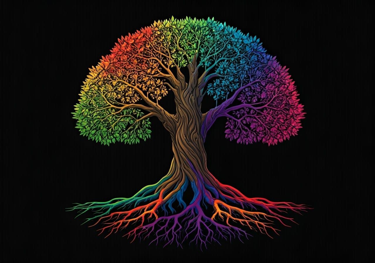 Vibrant Rainbow Tree of Life with Glowing Roots