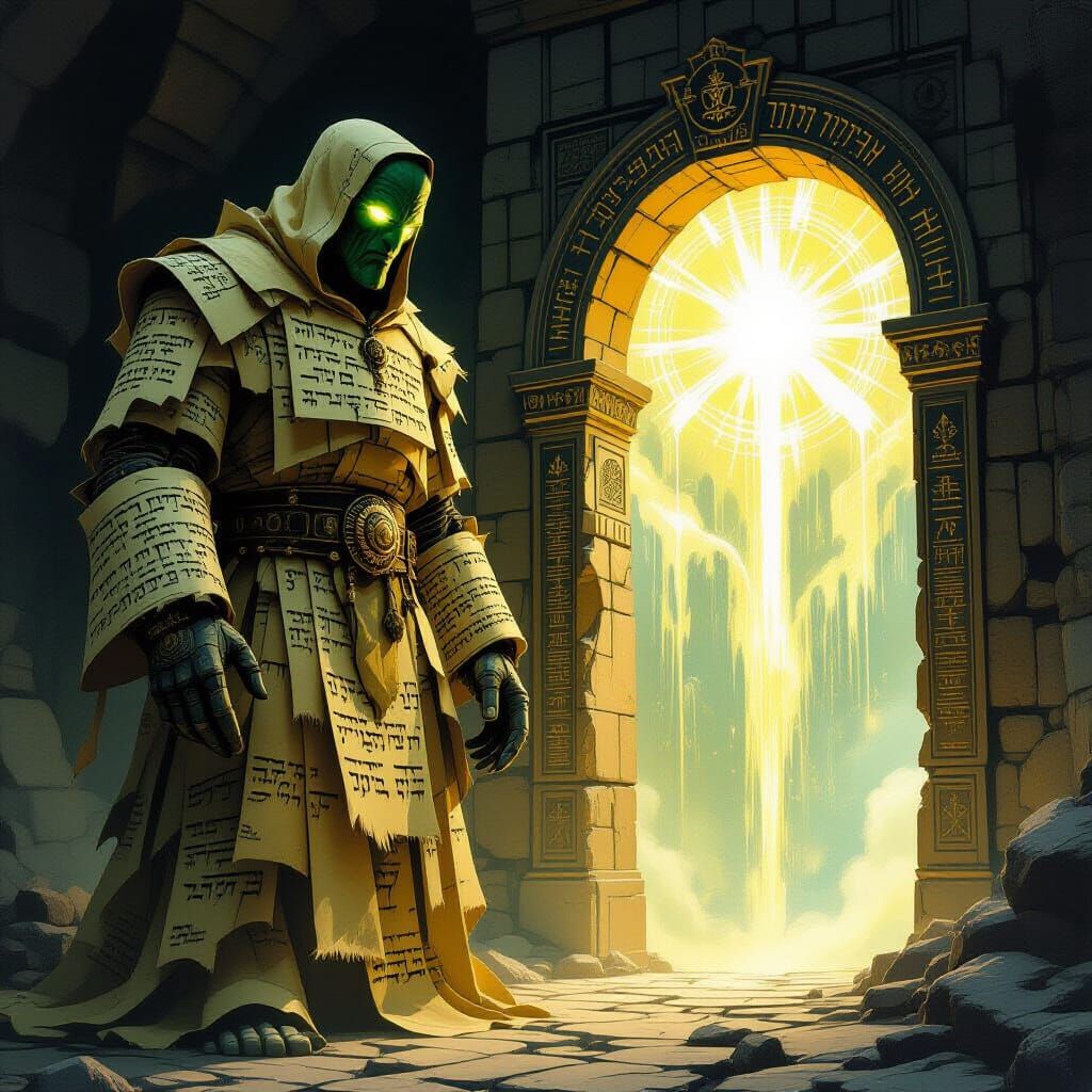 Golem of Hebrew Scrolls Guarding Mystical Portal