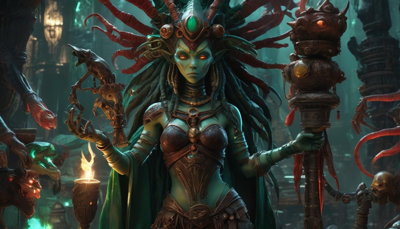 Alien Voodoo Priestess with Torch in Anime Style