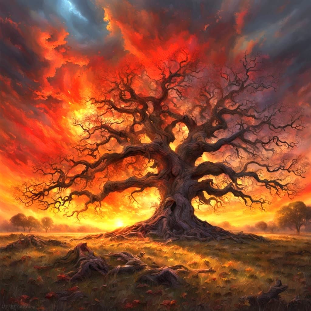 Majestic Oak Tree with Fiery Sky, Digital Painting