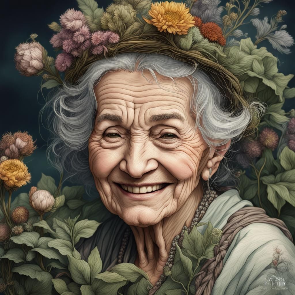 Intricate Portrait of an Old Woman of Flowers