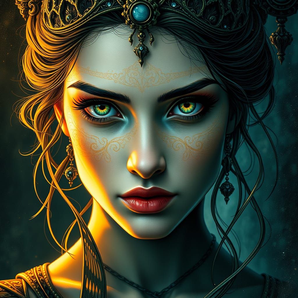 Regal Queen of the Underworld in Vibrant, Triadic Colors
