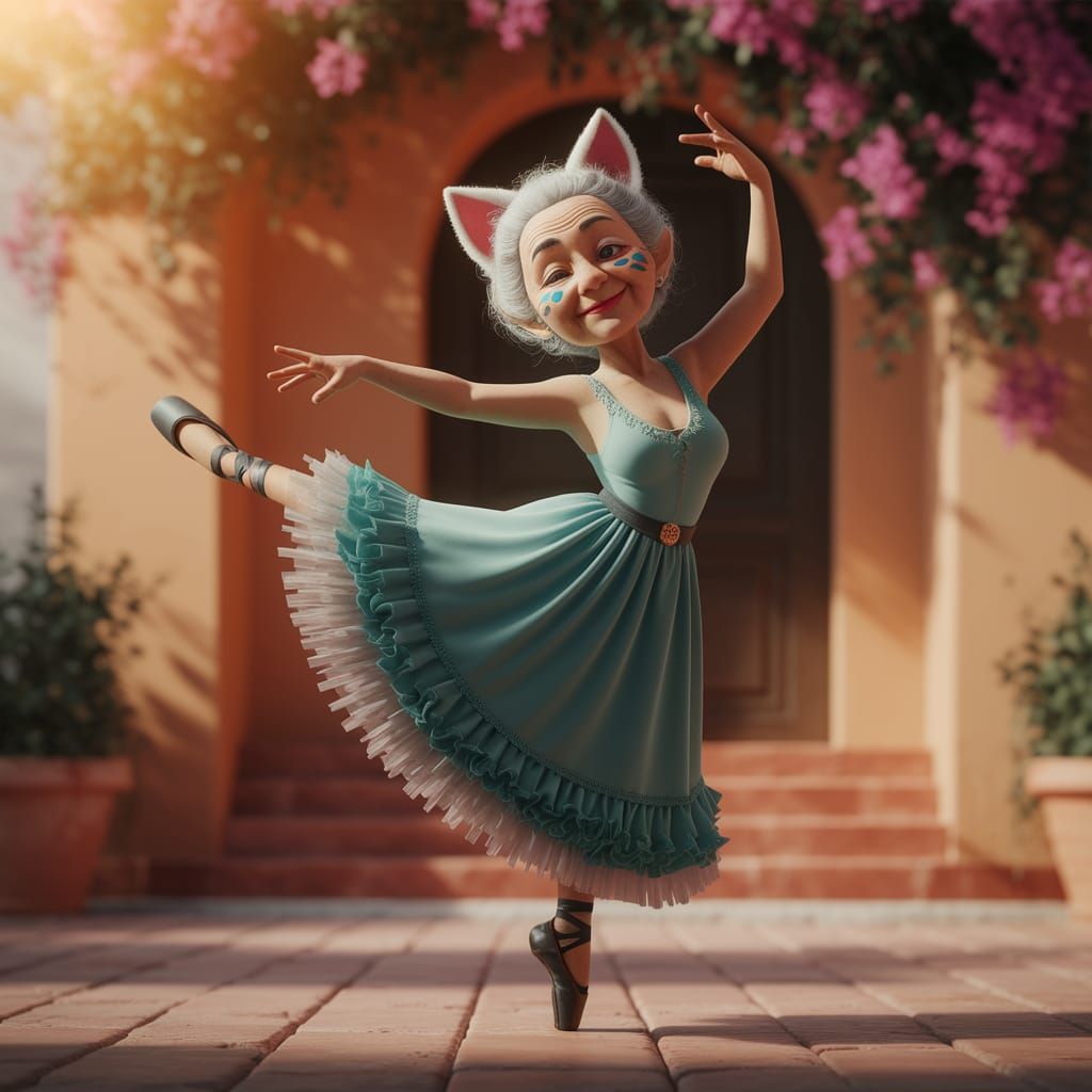 Elderly Greek Woman Dancing Gracefully in Courtyard