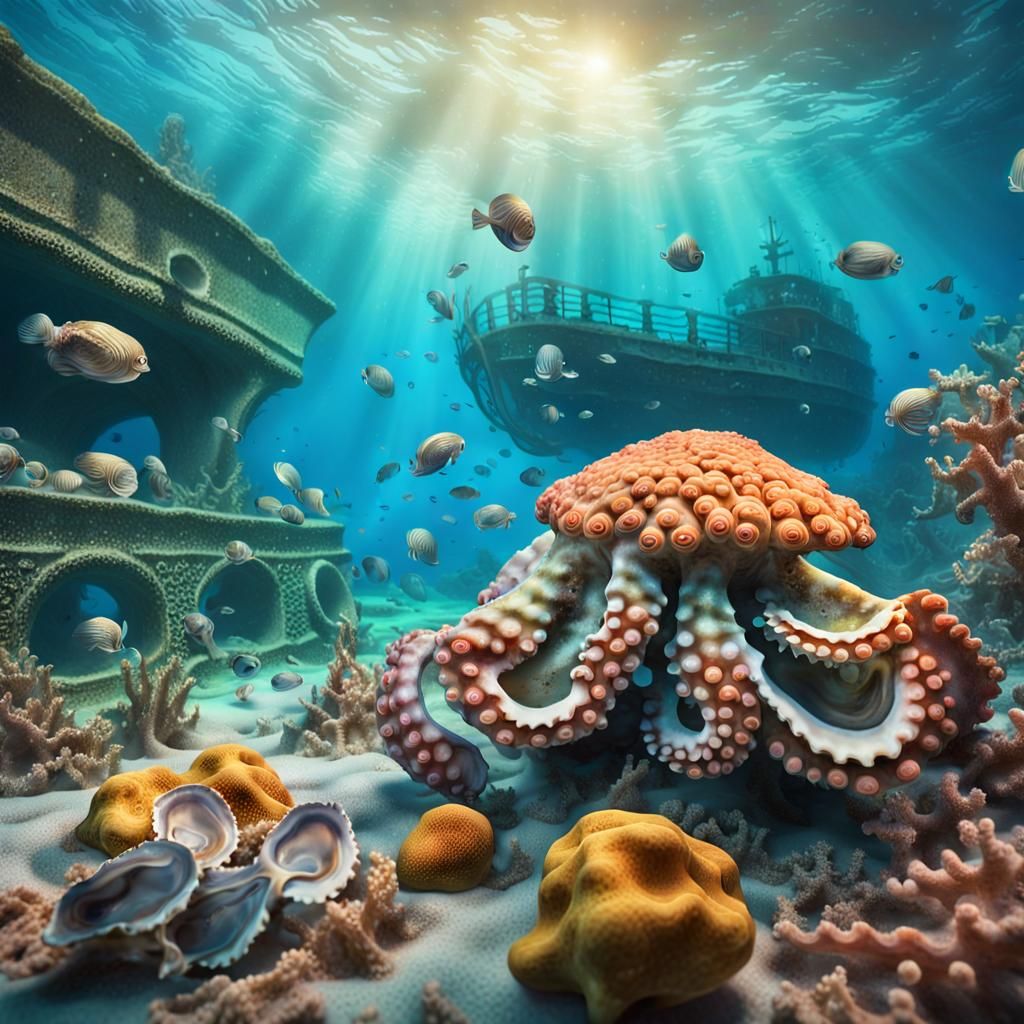Octopi Observing Oysters in Surreal Underwater Scene