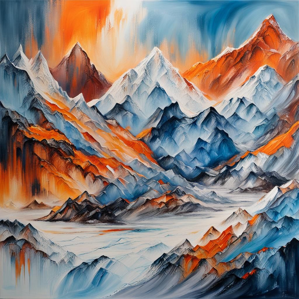 Icy Abstract Expressionist Landscape with Blue and Orange Hu...