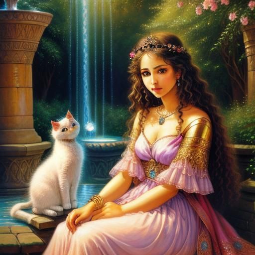 Adorable Kitten Near Fountain as Oil Painting