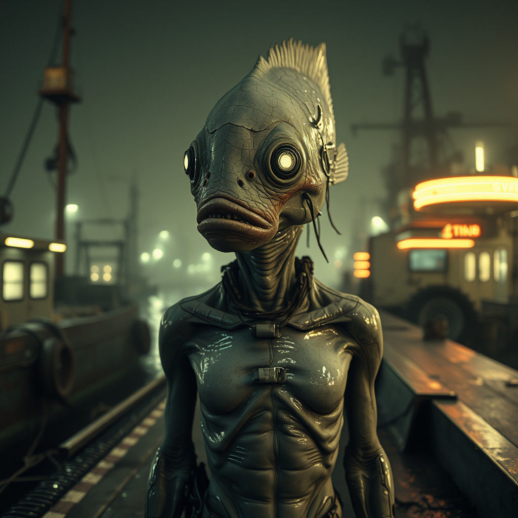 Biomechanical Hybrid in Dystopian Dockside Atmosphere