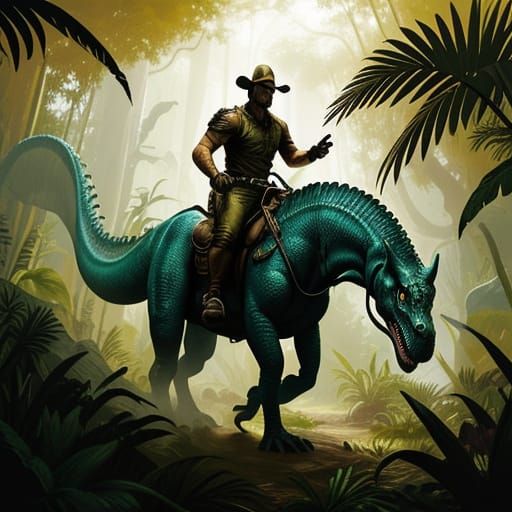 Man Riding Dinosaur in Prehistoric Jungle Oil Painting