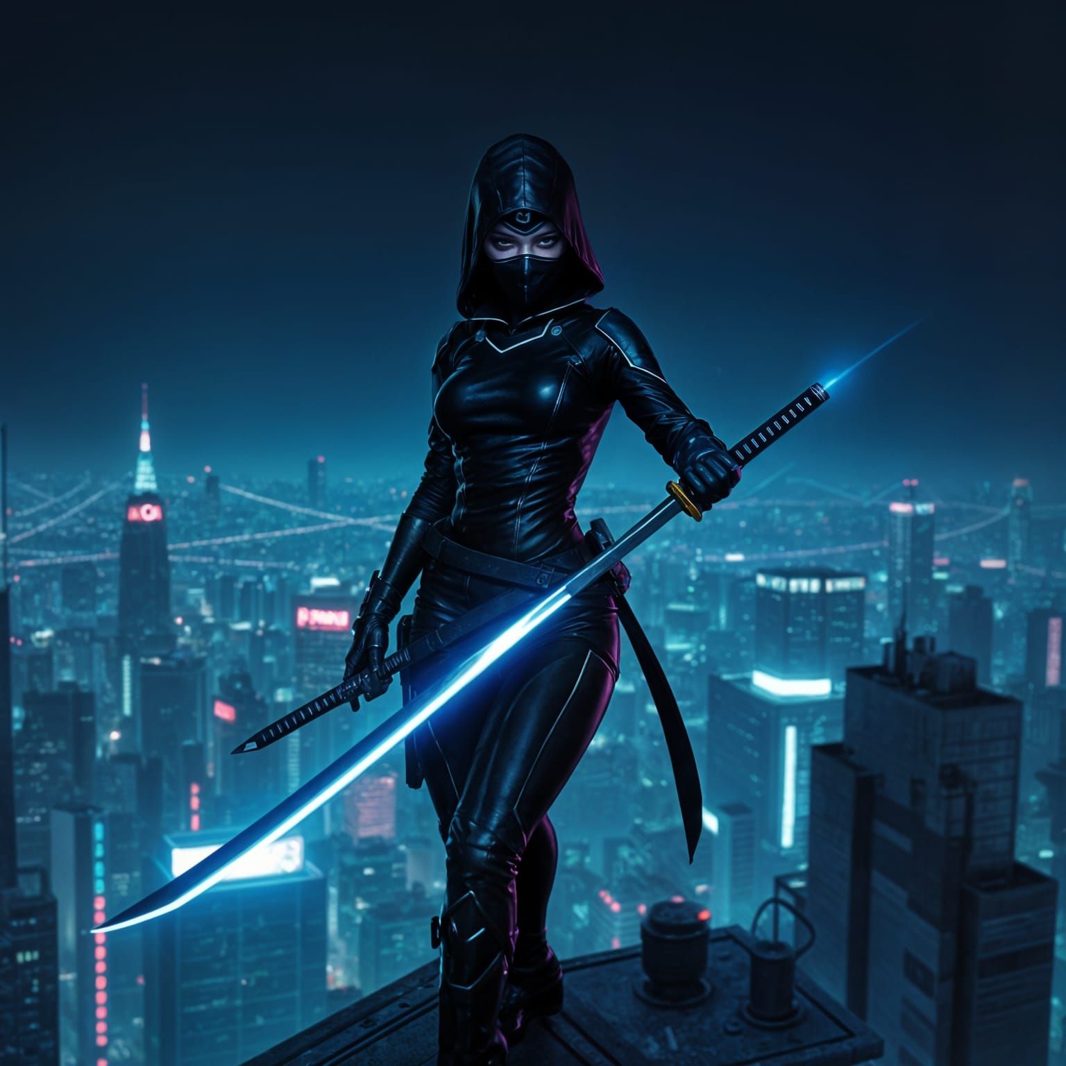 Cyberpunk Ninja Assassin in Tokyo Skyscraper, Neon-Lit Night...