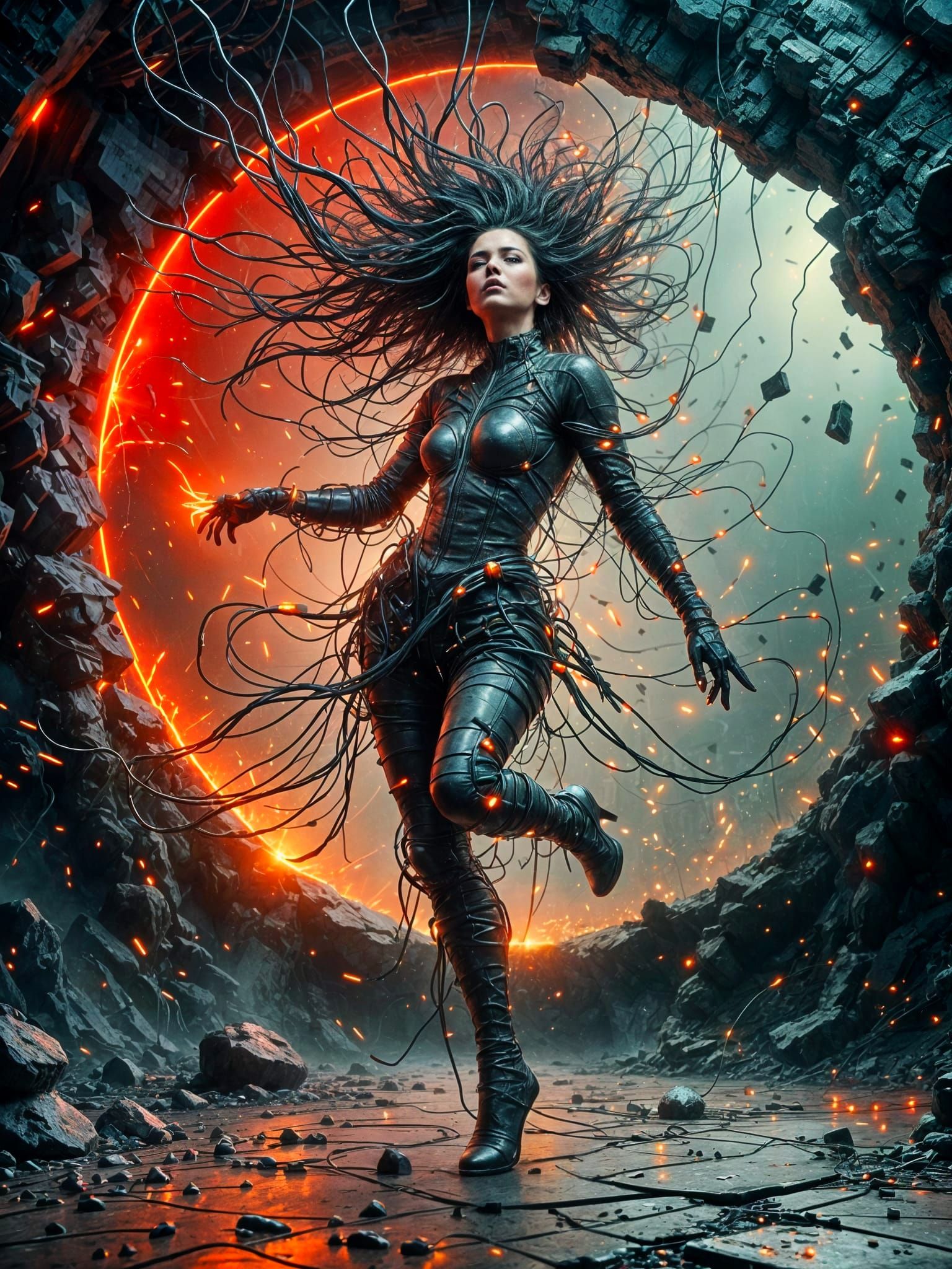 Cyberpunk Dancer in a Chaotic Techno-Futuristic World