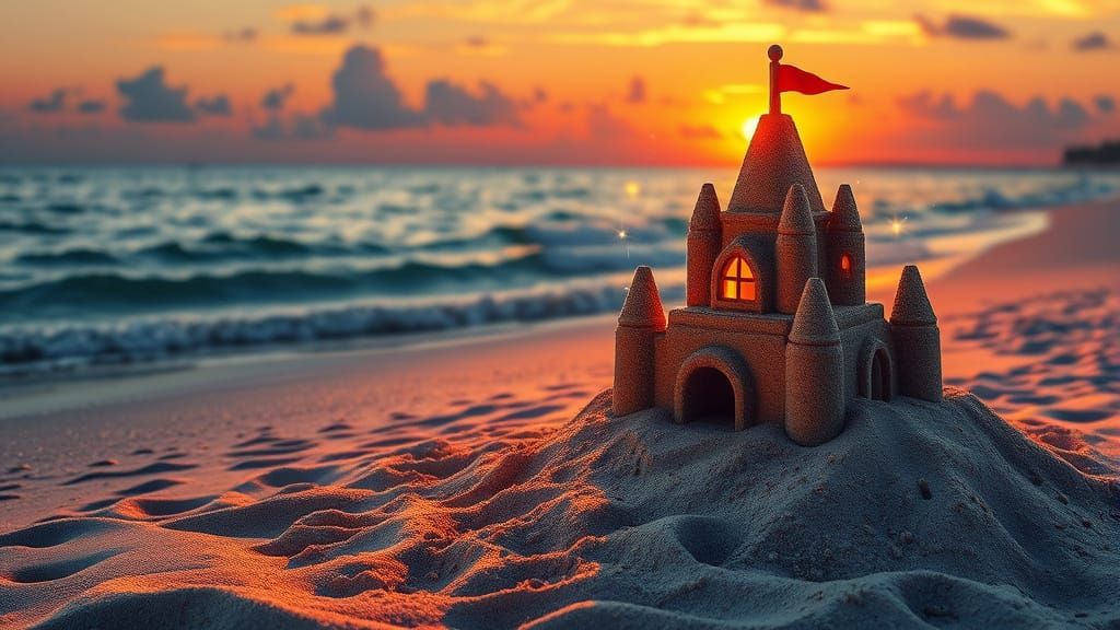 Whimsical Sandcastle on Beach at Sunset