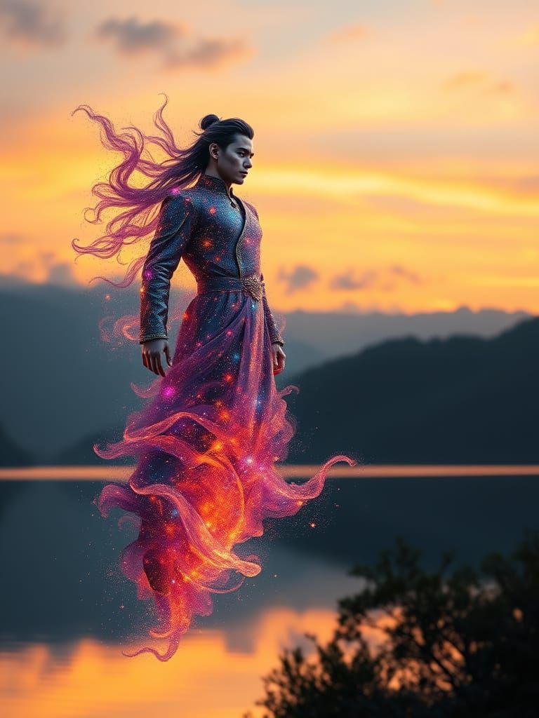 Celestial Stardust Man Above Lake at Sunset