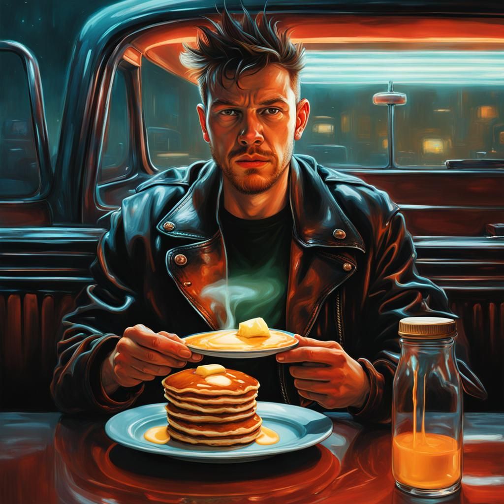 portrait, Sweat-soaked punker, Drive-in diner, PANCAKES, BUT...