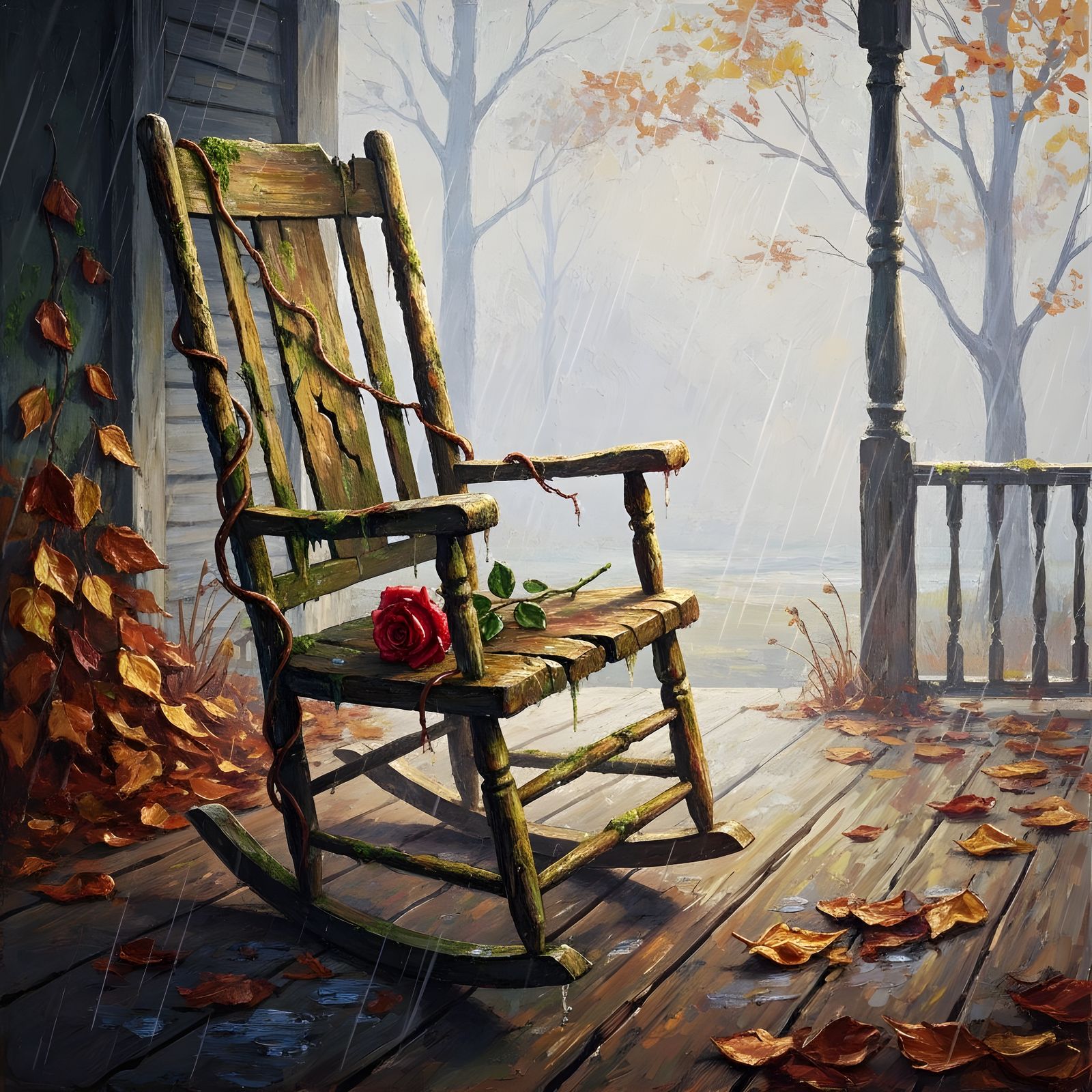 Abandoned Porch in Autumn as Impasto Painting