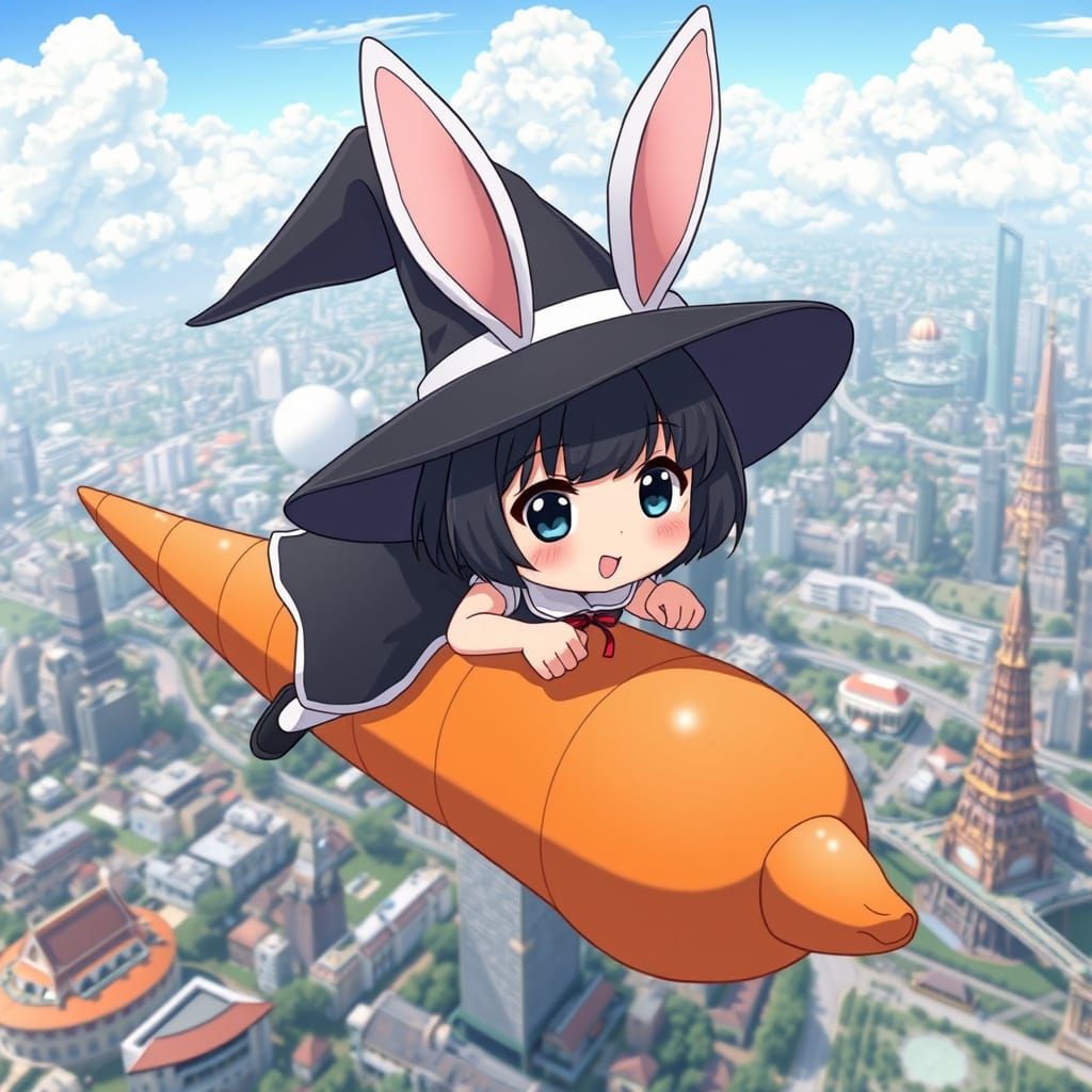 Adorable Anime Style Witch Flies Over Bangkok on a Giant Car...