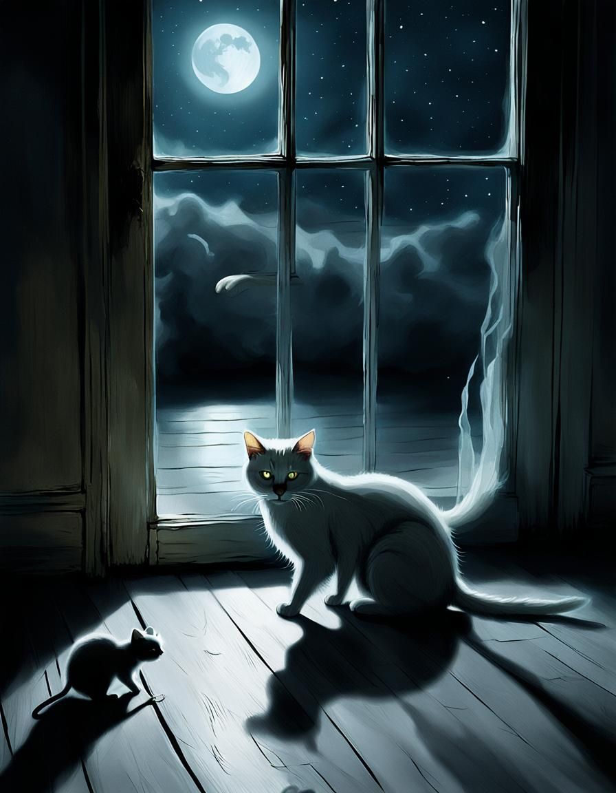 Ghostly Cat and Mouse in Ethereal Moonlight