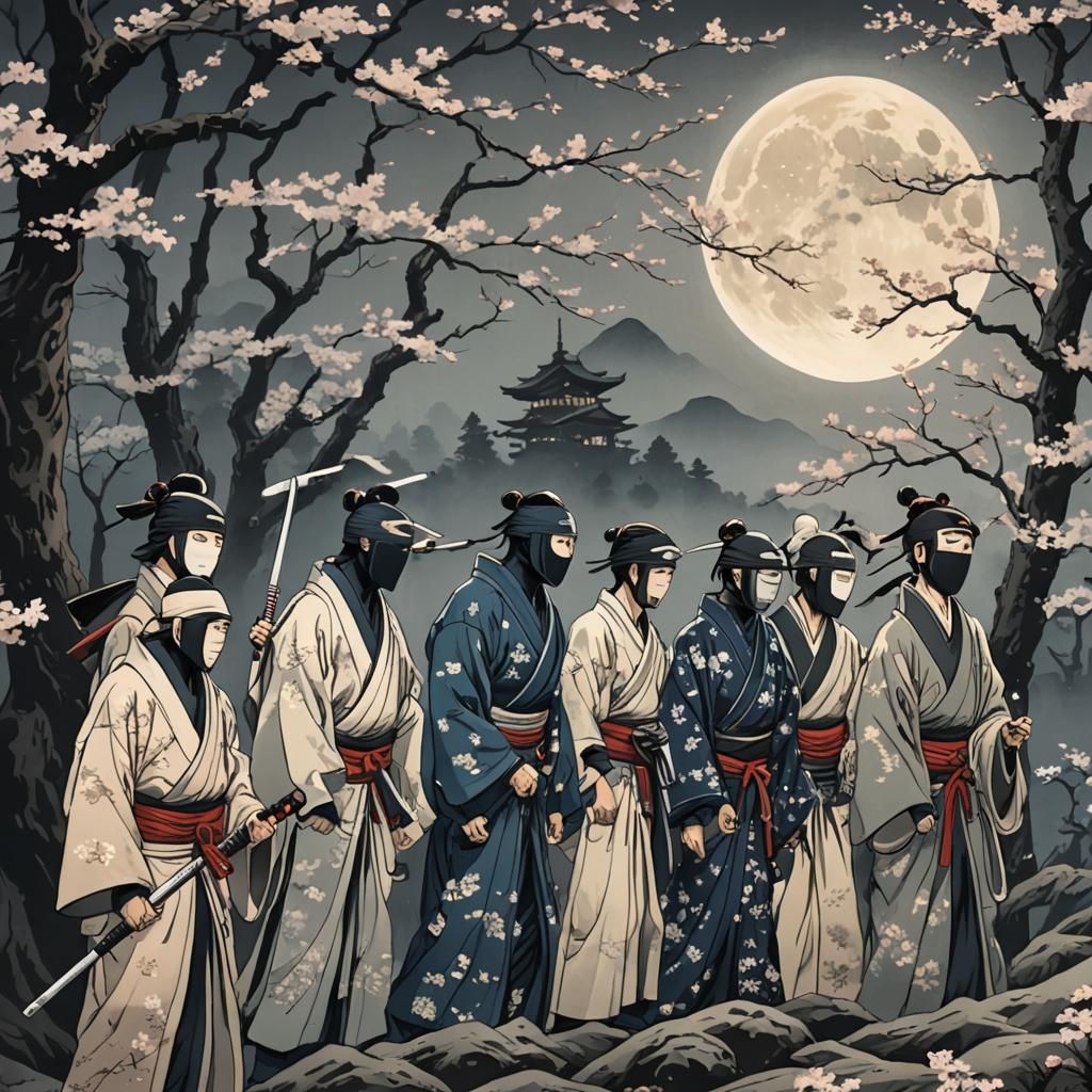 Ninjas Under Moonlight: Ukiyo-e Style Mutual-Aid