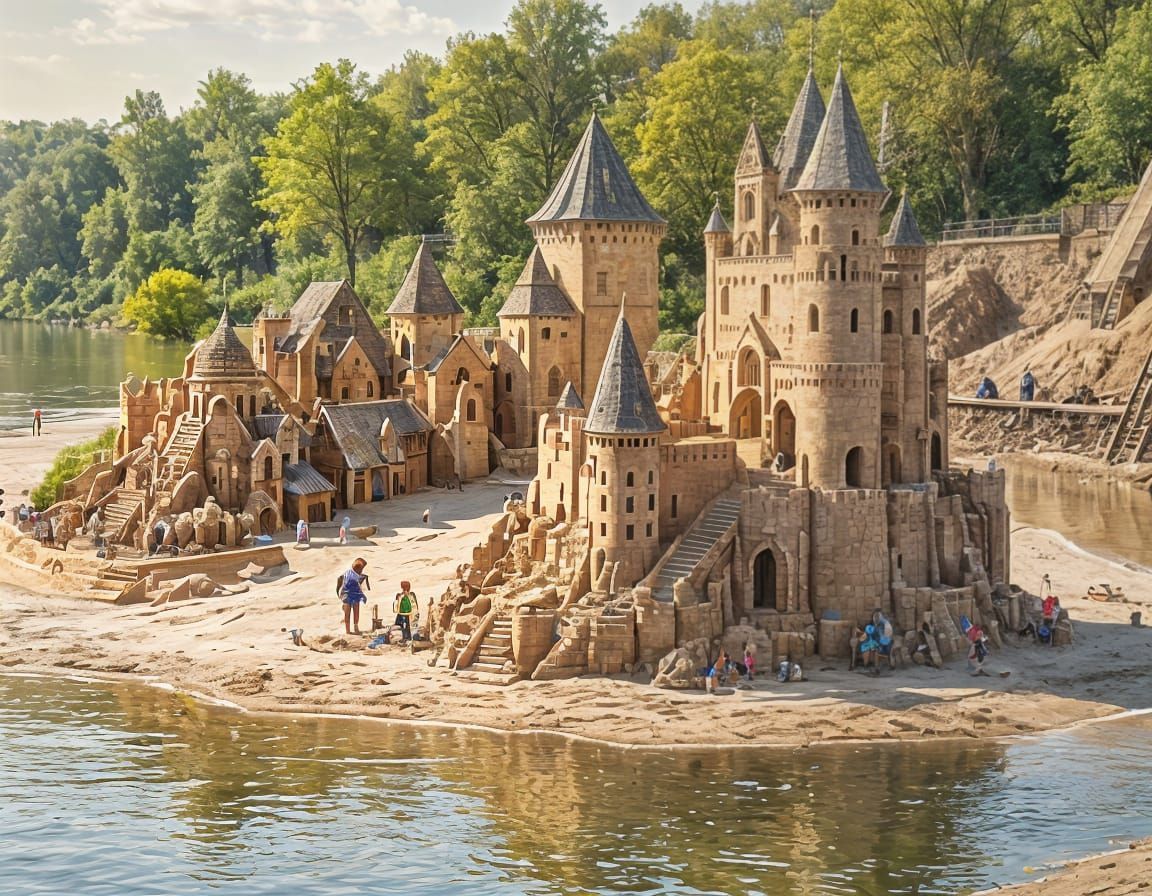 Sandmen Building a Sandcastle by a River