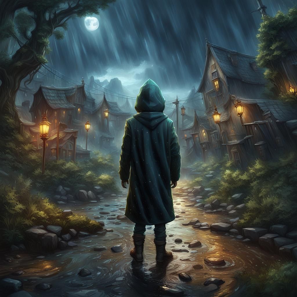 Boy in Hood Walking in Rain: Detailed Matte Painting